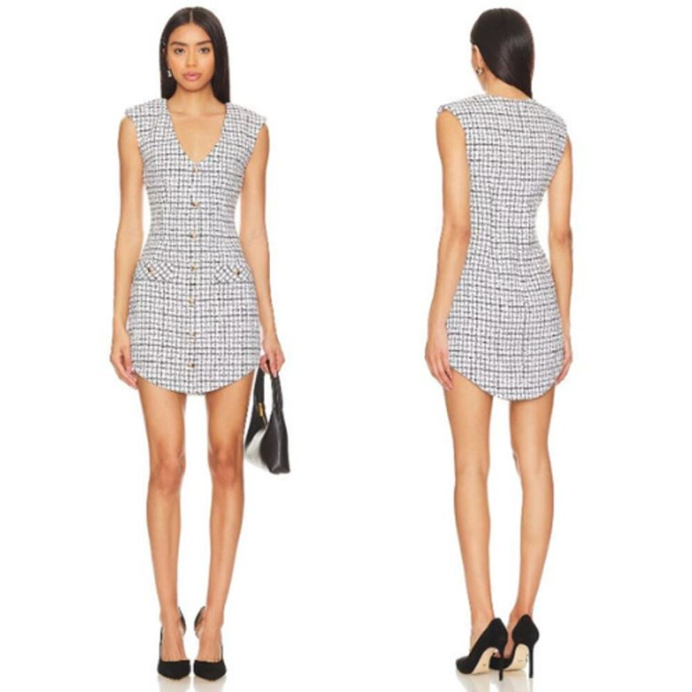 NWT Amanda Uprichard Ivana Mini Dress Tweed Button Front White Black Size Medium